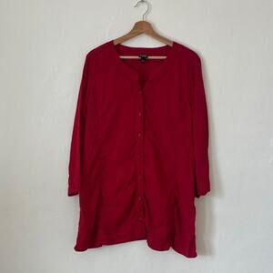 Eileen Fisher – Red Linen Blend Button-Front Tunic Top